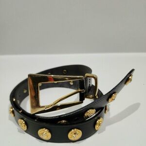 Italian Black Leather Belt with Gold lionshead